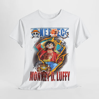 Luxurious white t-shirt featuring an artistic graphic of Monkey D. Luffy from the anime series, showcasing vibrant colours and dynamic design elements.