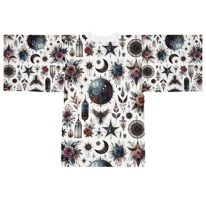 Back view of Floral Kimono Robe featuring a stunning floral and celestial pattern, perfect for luxurious lounging.