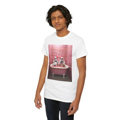 A fashionable model showcasing a white t-shirt adorned with an artistic illustration of Stormtroopers enjoying a bubble bath in a charming pink bathroom, complemented by delicate bubble details.