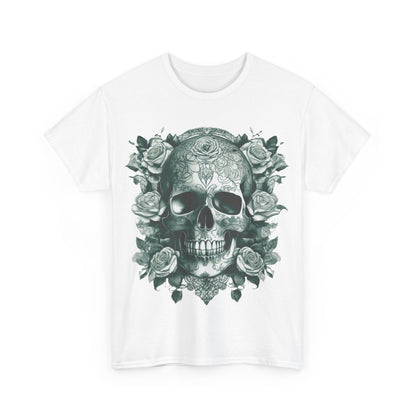 Front view of the Skulls and Roses Cotton Tee featuring intricate skull and rose artwork, embodying alternative fashion luxury.
