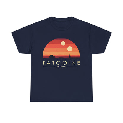 Elegant Tatooine Graphic Unisex Tee Shirt in deep navy featuring an enchanting sunset design with two suns and a silhouette of the desert, celebrating classic sci-fi heritage established in 1977.