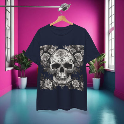 Skulls and Roses Cotton Tee on a hanger in a chic interior setting featuring a striking skull and rose graphic, perfect for alternative fashion enthusiasts.