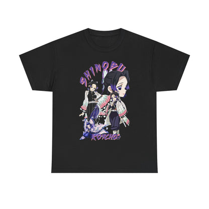 Premium anime T-shirt showcasing intricate graphic design of Shinobu Kocho from Demon Slayer, featuring dynamic poses and butterfly motifs in elegant shades of pink and purple against a sleek black background.