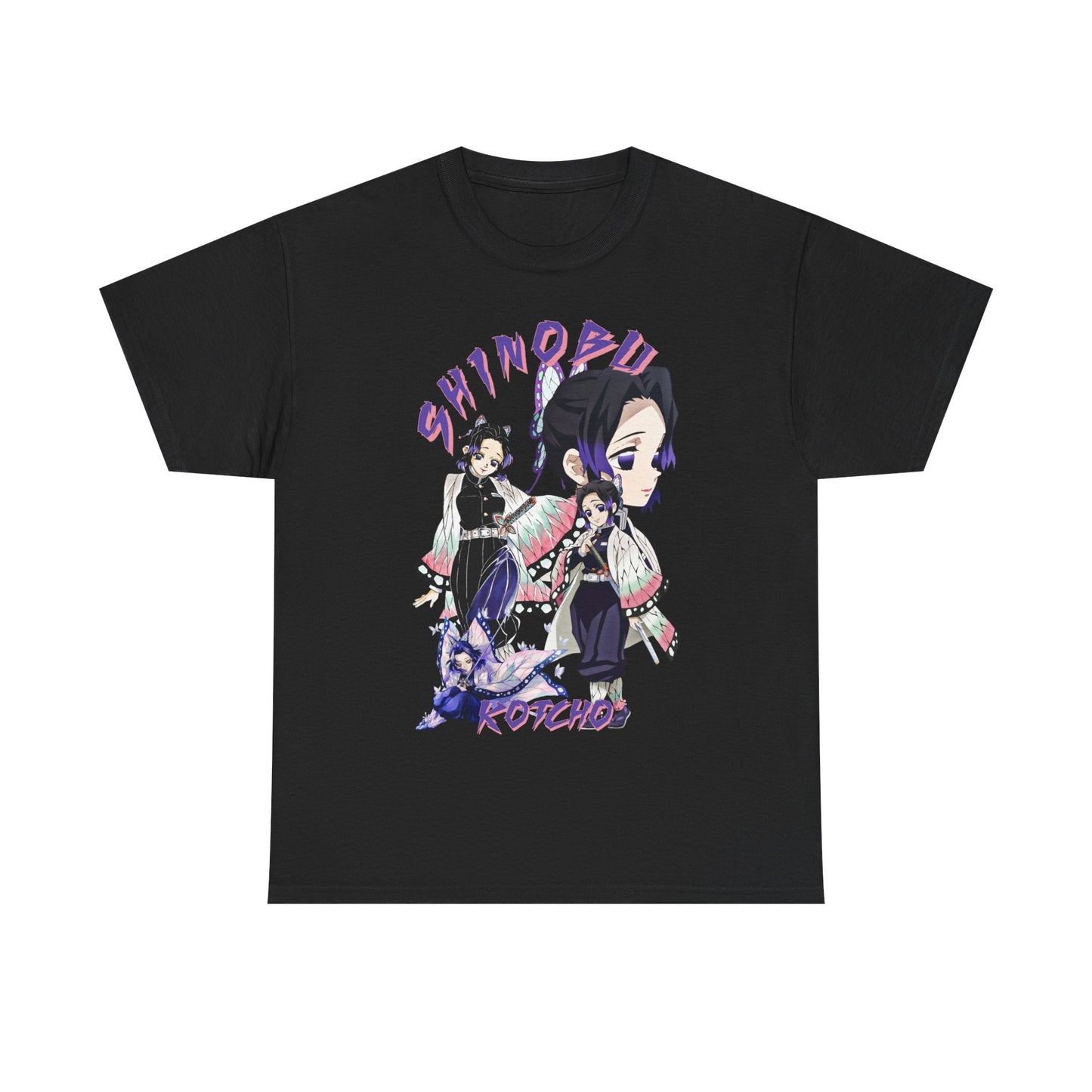 Chic black Shinobu Kocho T-shirt with striking graphic illustration, ideal for stylish anime enthusiasts.
