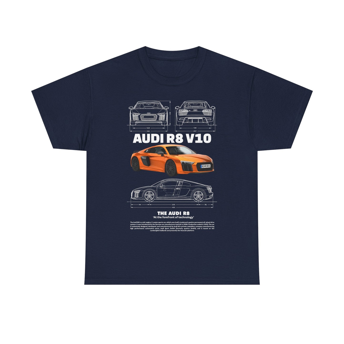 Luxurious Audi R8 V10 T-shirt in navy blue featuring detailed graphics of the iconic sports car showcasing multiple views, ideal for car enthusiasts.
