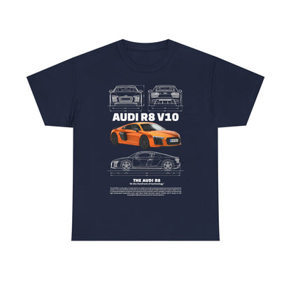 Stylish navy men's T-shirt with a bold graphic of the Audi R8 V10, showcasing the car's aesthetic brilliance and technical details, perfect for those who appreciate luxury automobiles.