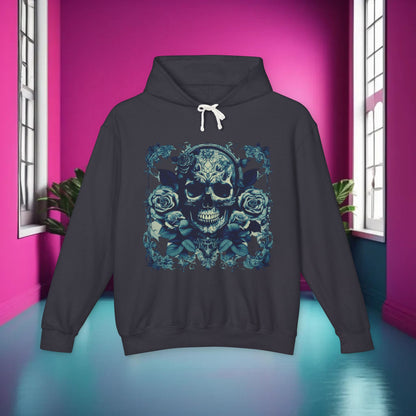 Skull and Roses Lightweight Hoodie in a sophisticated dark colour, elegantly presented, showcasing its unique skull and roses design, ideal for unisex urban fashion.
