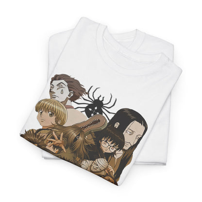 Folded white Phantom Troupe graphic t-shirts featuring captivating designs with famous Hunter x Hunter characters, ideal for stylish gifting.