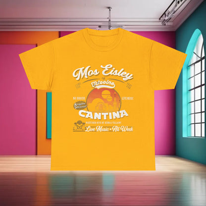 Star Wars Mos Eisley Cantina Graphic T-Shirt in bright orange, combining luxury and fandom with its stunning graphic homage to Mos Eisley.