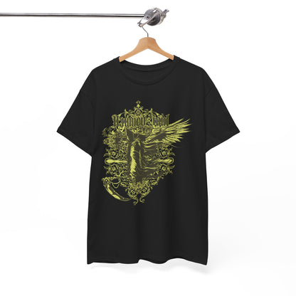 Chic black t-shirt elegantly displayed on a wooden hanger, featuring the captivating 'Damned Soul' design with ornate motifs, ideal for gothic style enthusiasts.