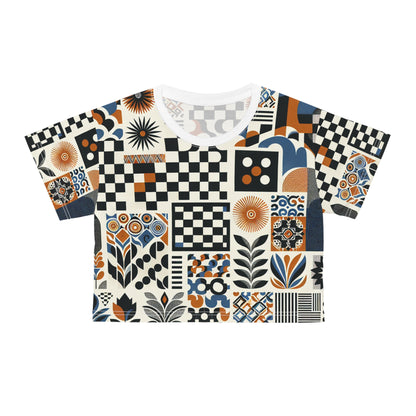 Evelyn Chicane Vibrant Patterned Crop Top by Dazzling Dreams Studio, showcasing a contemporary checkerboard design on silky soft polyester, ideal for stylish outfits.