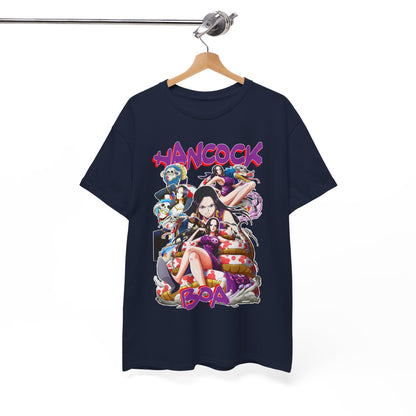 Stylish Boa Hancock T-shirt displayed on a hanger, showcasing intricate anime artwork and bold lettering, a must-have piece for fashion-forward anime enthusiasts.