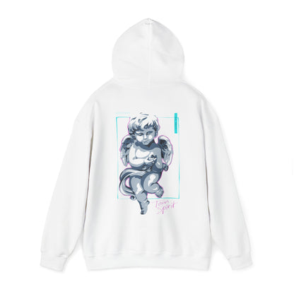 Chic white Cherubic Angel hoodie with an enchanting angel illustration on the back, accented with vibrant colours and the playful 'Teen Spirit' design, epitomising upscale fashion and artistic expression.
