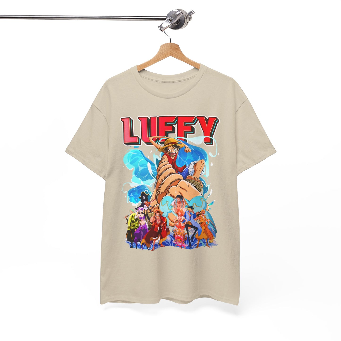 Refined hanging men's t-shirt featuring a dynamic Luffy print, elegantly styled and presented to enhance the charm of casual luxury wear.