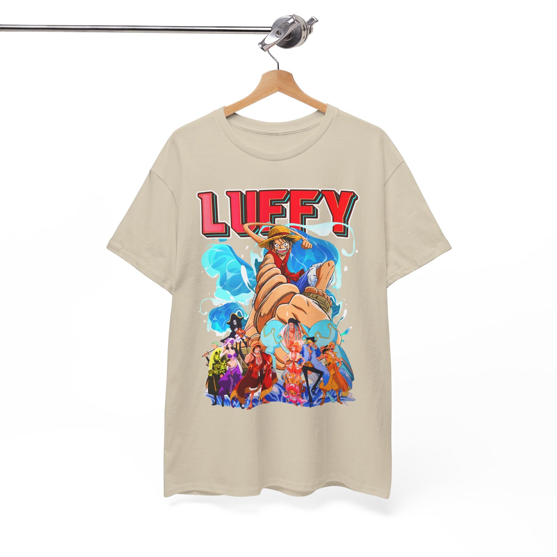 Refined hanging men's t-shirt featuring a dynamic Luffy print, elegantly styled and presented to enhance the charm of casual luxury wear.