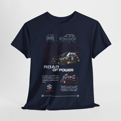 Elegant navy blue Suzuki Forza men's t-shirt showcasing a bold graphic with the phrase 'ROAR OF POWER' and intricate car designs, perfect for automotive aficionados.