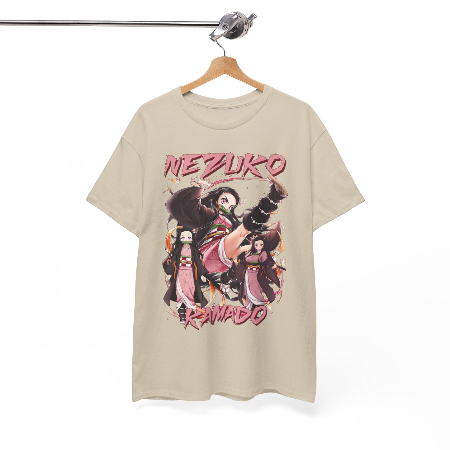 Refined showcase of the Nezuko Kamado T-shirt hanging elegantly, displaying vibrant anime artwork, ideal for discerning fans and stylish casual wear.