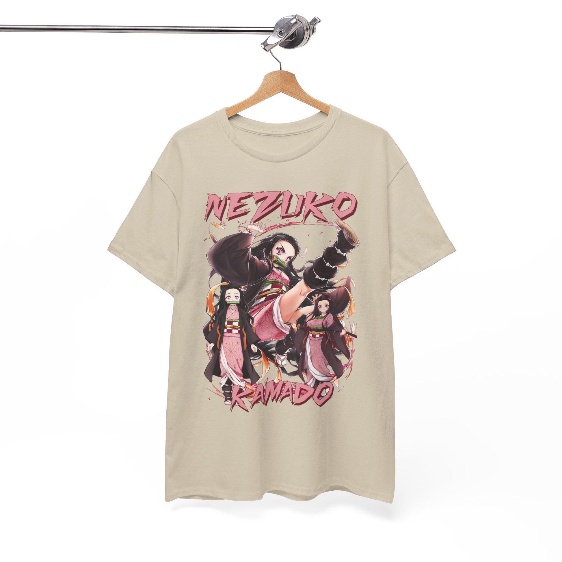 Refined showcase of the Nezuko Kamado T-shirt hanging elegantly, displaying vibrant anime artwork, ideal for discerning fans and stylish casual wear.