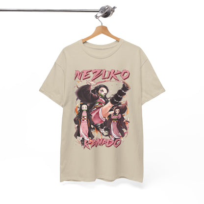 Refined showcase of the Nezuko Kamado T-shirt hanging elegantly, displaying vibrant anime artwork, ideal for discerning fans and stylish casual wear.