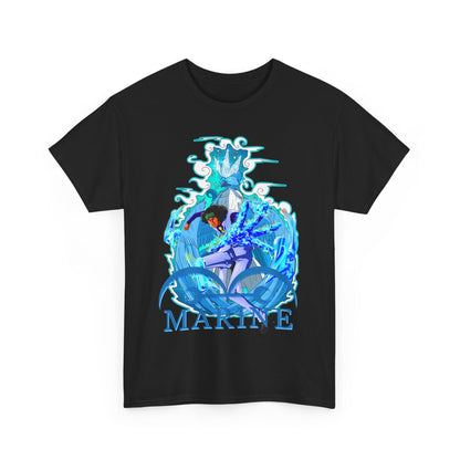 Luxury men's T-shirt featuring a bold marine anime design with intricate blue graphics and the word 'MARINE', ideal for anime enthusiasts.