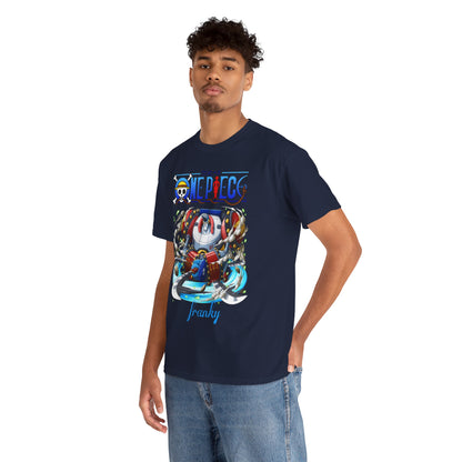 Stylish model wearing a navy One Piece Franky graphic t-shirt, featuring a vibrant front design of the iconic cyborg Franky, perfect for anime enthusiasts and streetwear lovers.