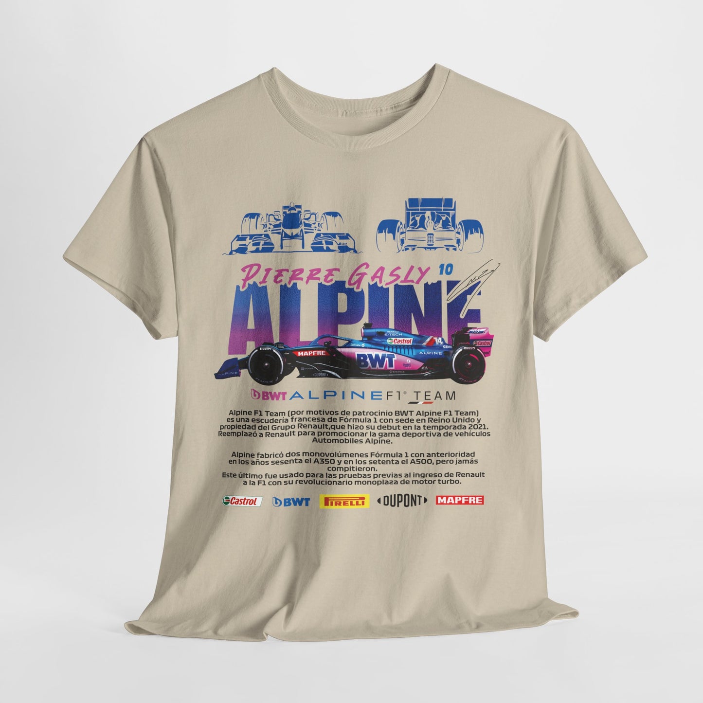 Refined Alpine F1 Team Men's T-Shirt on display, highlighting striking artwork of Pierre Gasly and the dynamic racing spirit, making it a must-have for F1 aficionados.