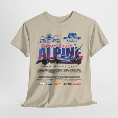 Refined Alpine F1 Team Men's T-Shirt on display, highlighting striking artwork of Pierre Gasly and the dynamic racing spirit, making it a must-have for F1 aficionados.