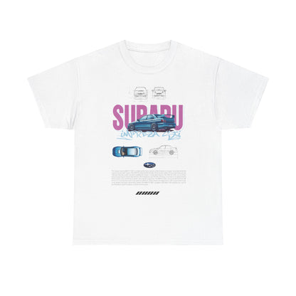 Luxurious white men's t-shirt featuring a bold graphic design of the iconic Subaru Impreza WRX STI, showcasing its artistic outlines and detailed specifications, perfect for automotive enthusiasts.