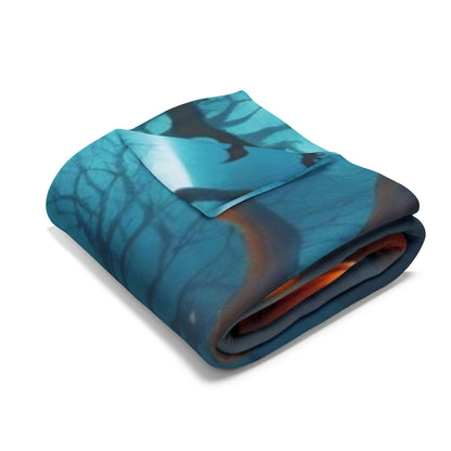 Luxurious Arctic fleece blanket folded elegantly, featuring a mystical Halloween scene with bats and a shadowy figure, for a touch of seasonal sophistication—Decorative and Warm Halloween Spooky Arctic Fleece Blanket 3 Sizes.