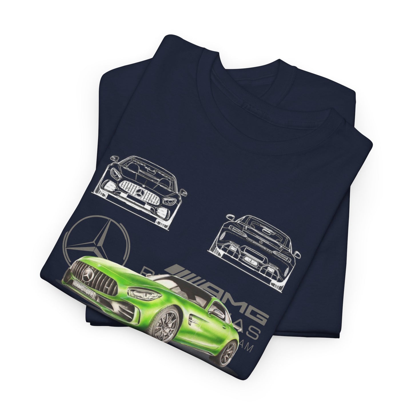 Folded navy blue Men's Mercedes-AMG GT-R T-shirt displaying striking illustrations of the sports car and branding, perfect for automotive enthusiasts.