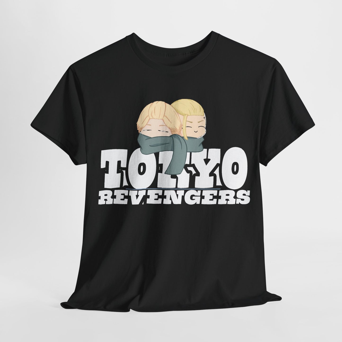 Luxury Tokyo Revengers graphic t-shirt featuring two anime characters with blonde hair and grey scarves, showcased on a black background, perfect for urban streetwear enthusiasts.