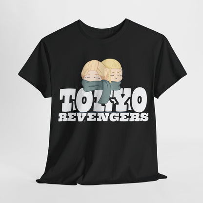 Luxury Tokyo Revengers graphic t-shirt featuring two anime characters with blonde hair and grey scarves, showcased on a black background, perfect for urban streetwear enthusiasts.