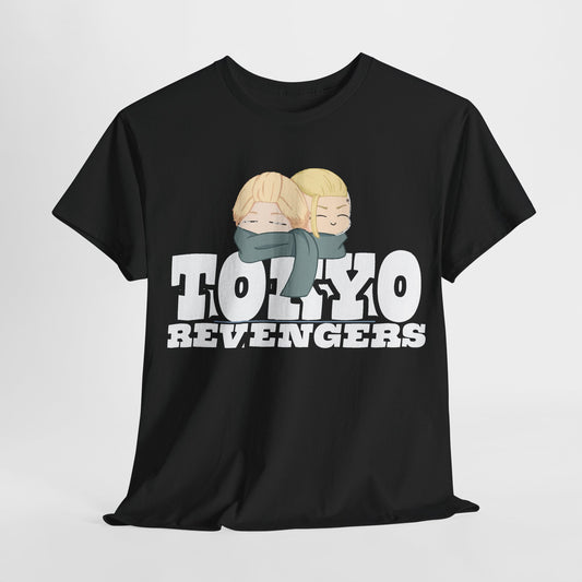 Luxury Tokyo Revengers graphic t-shirt featuring two anime characters with blonde hair and grey scarves, showcased on a black background, perfect for urban streetwear enthusiasts.