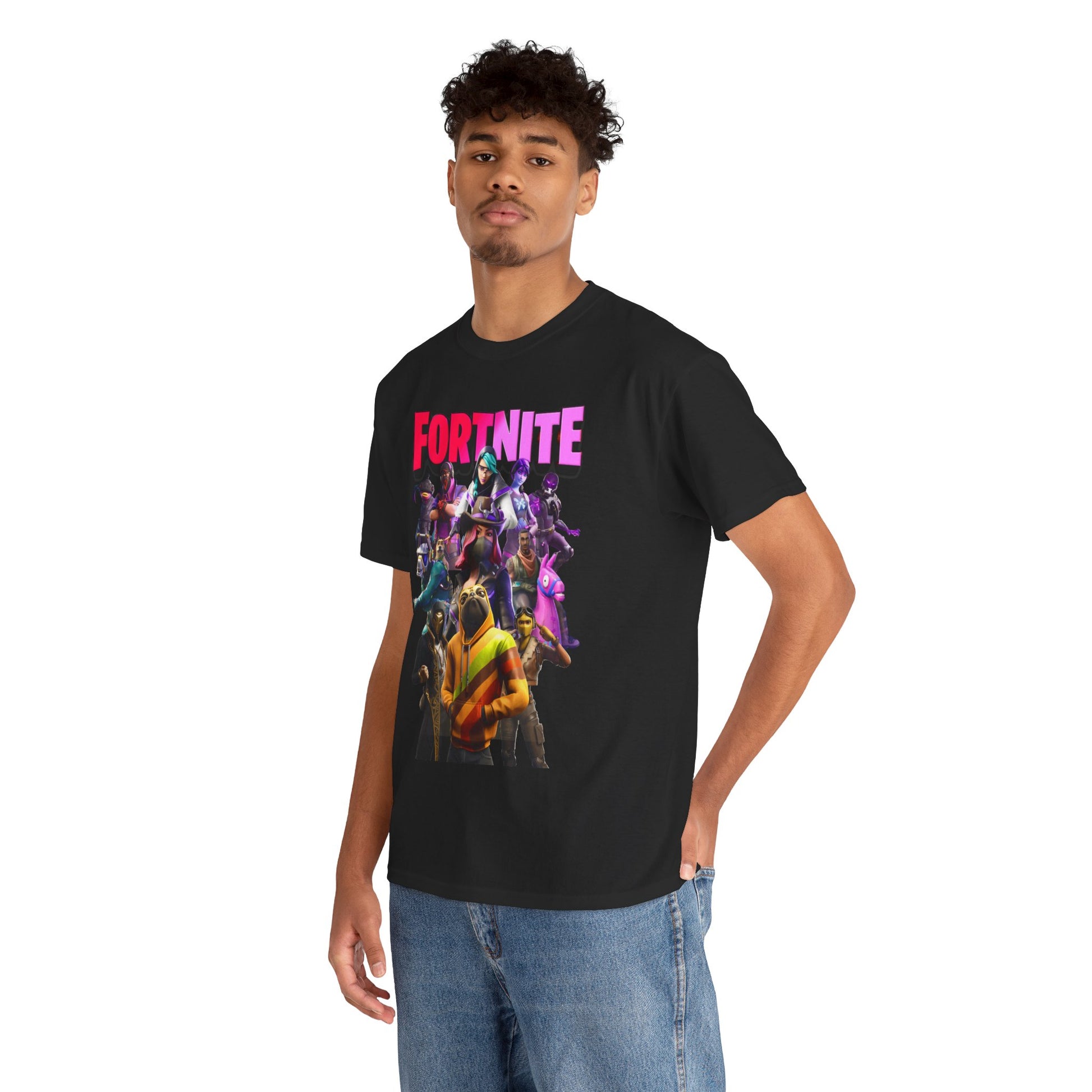Fashionable individual wearing a Fortnite T-shirt, showcasing vibrant character artwork and luxurious style for gaming enthusiasts.