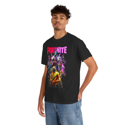 Fashionable individual wearing a Fortnite T-shirt, showcasing vibrant character artwork and luxurious style for gaming enthusiasts.