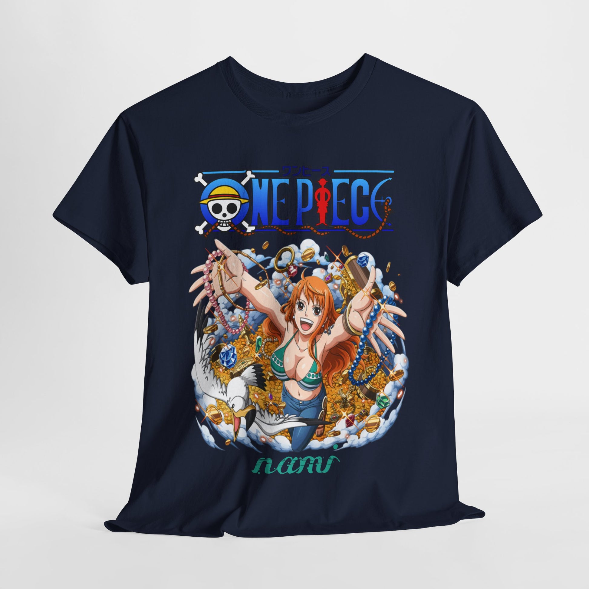 Stylish navy blue t-shirt elegantly laid out, showcasing an eye-catching anime graphic of Nami from One Piece surrounded by jewels, perfect for anime enthusiasts.