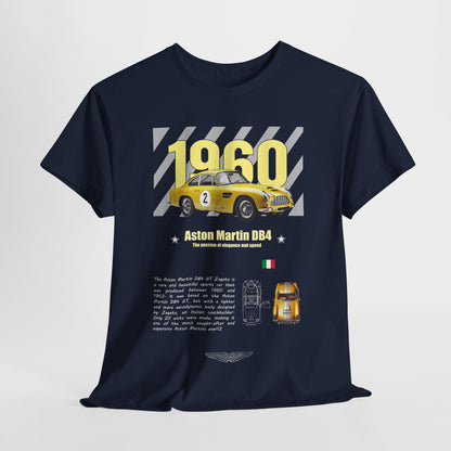 Aston Martin DB4 GT Zagato men's t-shirt featuring a vibrant yellow design celebrating the iconic 1960 sports car, detailed with bold graphics and luxury fabric.