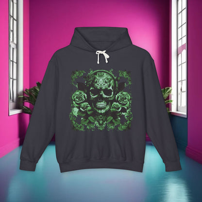 Elegant Skull and Roses Lightweight Hoodie in charcoal, featuring striking green skull artwork against a sleek backdrop, embodying luxury and individuality.
