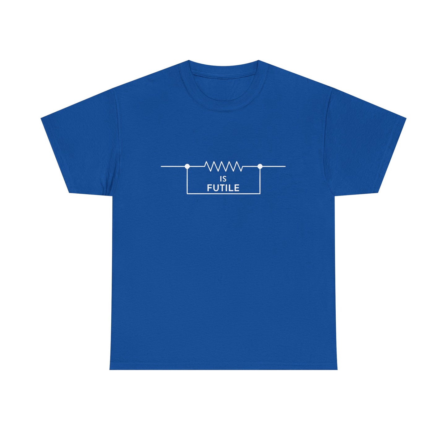 Stylish blue unisex t-shirt showcasing a refined graphic featuring a resistor and the phrase 'IS FUTILE' in pristine white text, designed for fans of the Borg aesthetic from Star Trek.