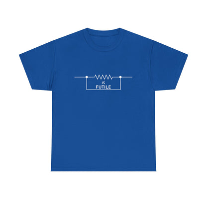 Stylish blue unisex t-shirt showcasing a refined graphic featuring a resistor and the phrase 'IS FUTILE' in pristine white text, designed for fans of the Borg aesthetic from Star Trek.