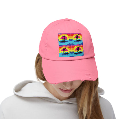 Fashionable Unisex Distressed Paddleboarders Cap in pink worn by a model, displaying a unique fantasy design that embodies adventure and ultimate sun protection for outdoor lovers.