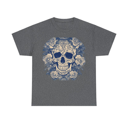 Skulls and Roses Cotton Tee in dark grey, featuring an intricate skull and rose graphic design, exuding edgy luxury and style.