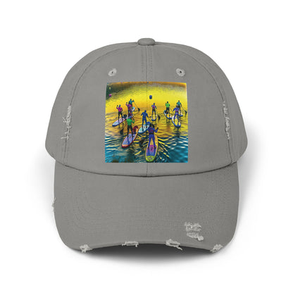 Stylish Unisex Distressed Paddleboarders Cap adorned with a fantasy scene, perfect for upscale beach and river escapades.