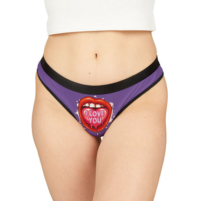 Luxurious Valentine's Day women's thong featuring a playful graphic of red lips and the phrase 'I LOVE YOU', designed to add a cheeky touch to romantic celebrations. Perfect for special occasions and humorous intimate moments.