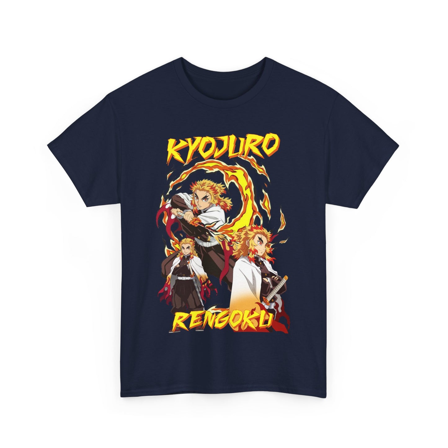 Elegant Kyojuro Rengoku Anime T-Shirt in navy, featuring a stunning fiery design, ideal for collectors and fashion-forward individuals.