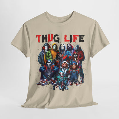 Luxury Thug Life Horror Characters Graphic T-Shirt in beige, featuring iconic horror figures in stylish urban attire.