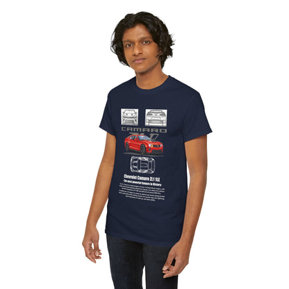 Young man presenting a stylish navy t-shirt with an artistic Chevrolet Camaro ZL1 1LE print, ideal for car aficionados.