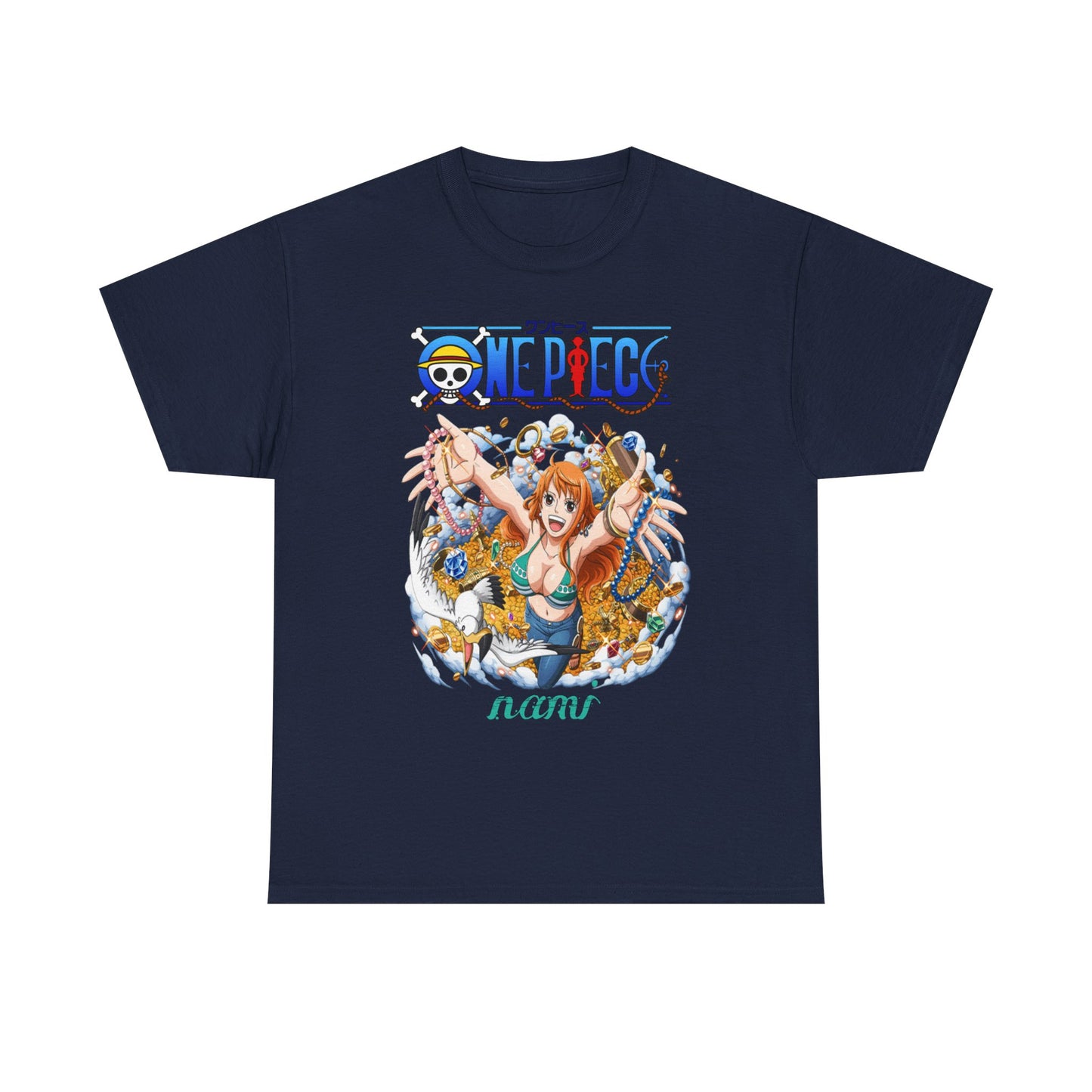 Elegant navy men's t-shirt adorned with a striking illustration of Nami from One Piece, surrounded by treasure and playful elements, perfect for casual style.