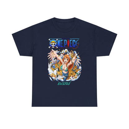 Elegant navy men's t-shirt adorned with a striking illustration of Nami from One Piece, surrounded by treasure and playful elements, perfect for casual style.