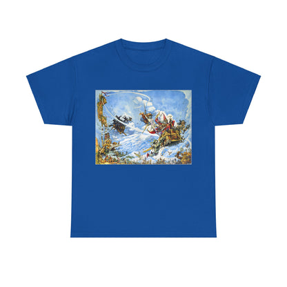 Discworld The Light Fantastic Graphic Unisex Tee Shirt in royal blue showcasing an exquisite illustration from Terry Pratchett's fantastical universe.